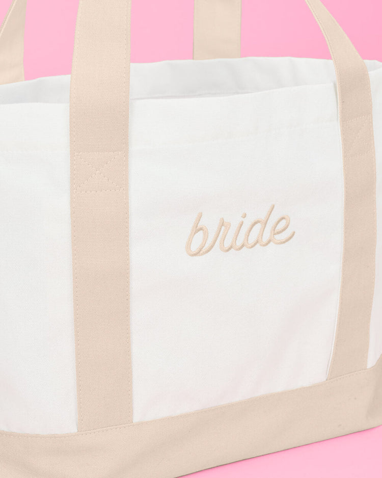 Beige Bride Tote - embroidered cotton tote