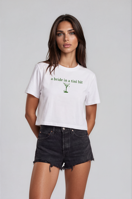 a bride in a tini bit cropped tee