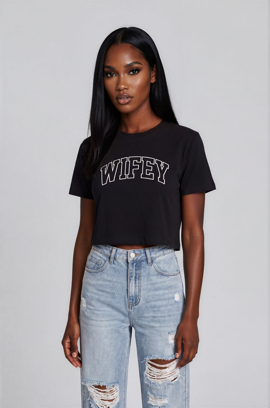 wifey varsity cropped tee