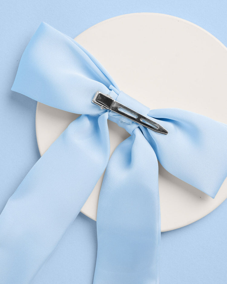 Bride To Be Pearl Bow - light blue satin + pearl logo
