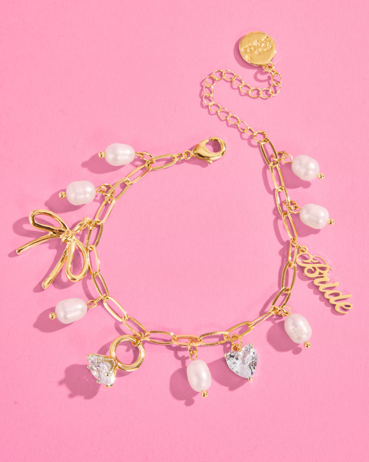 Bride Charm Bracelet - gold, rhinestones + pearls