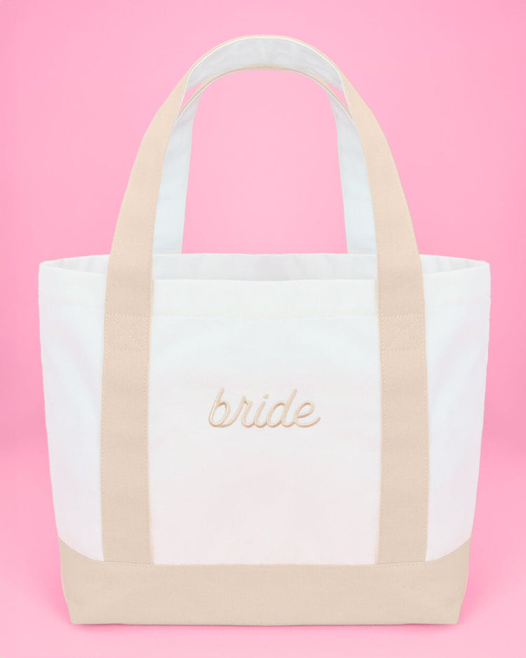 Beige Bride Tote - embroidered cotton tote